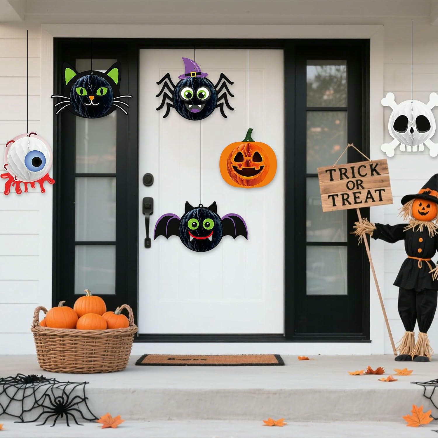 Adornos de Panal de Halloween, Decoraciones Colgantes de Papel, Set de 6 Piezas con Calabazas, Murciélagos y Arañas para Fiestas y Decoraciones