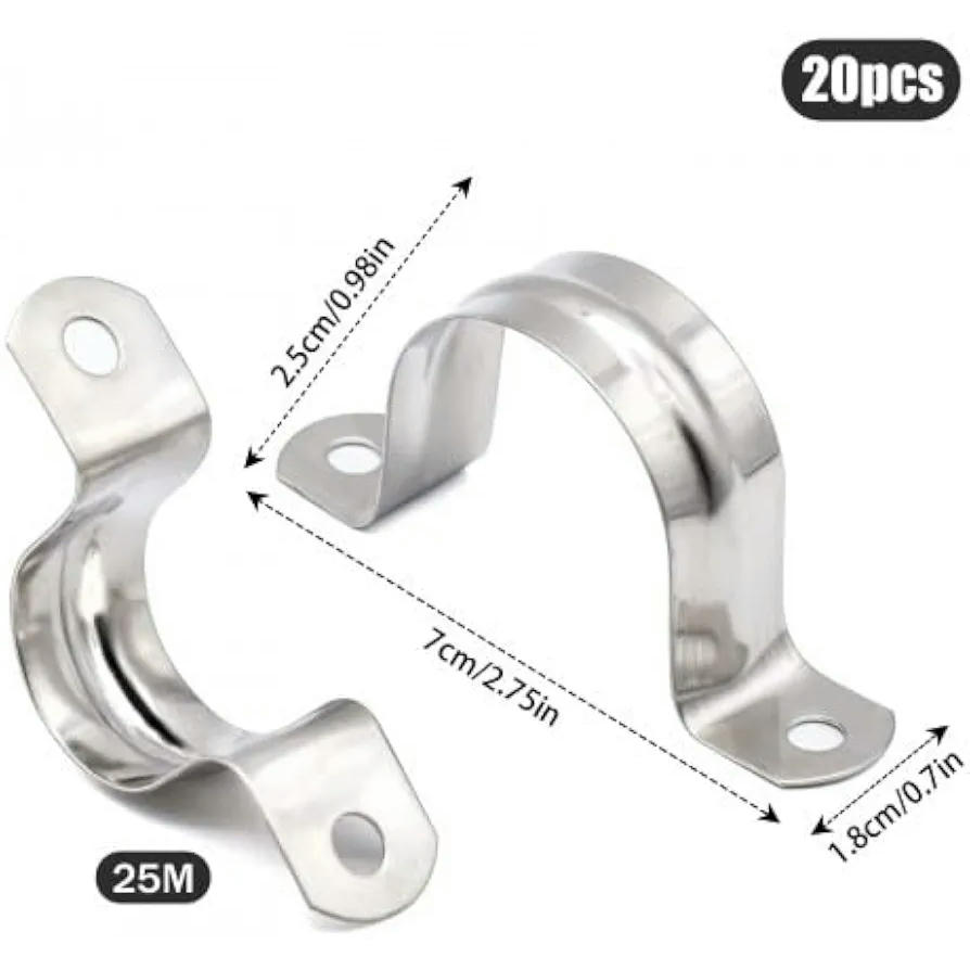 Juego de 20 abrazaderas de tubo en U de 25 mm, metal, acero inoxidable 304, fijación para tubos de gas