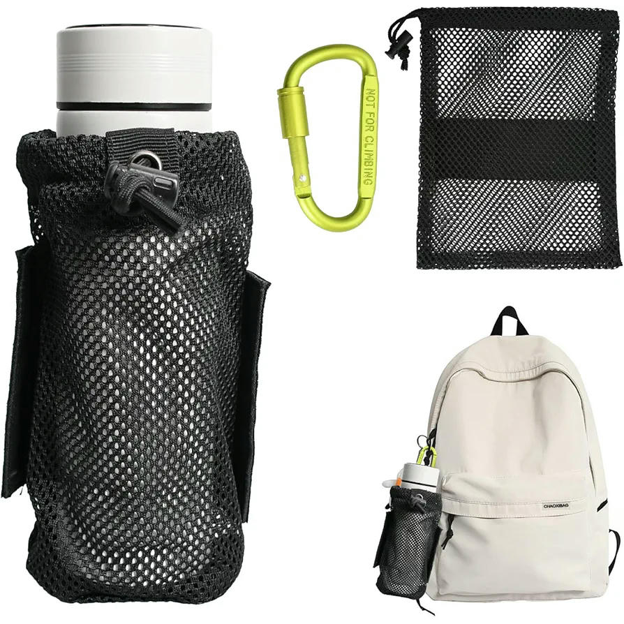 Portabotellas táctico para botellas de agua, bolsa plegable de nailon, con cordón superior y base de malla, ideal para camping, senderismo y actividades al aire libre, color negro
