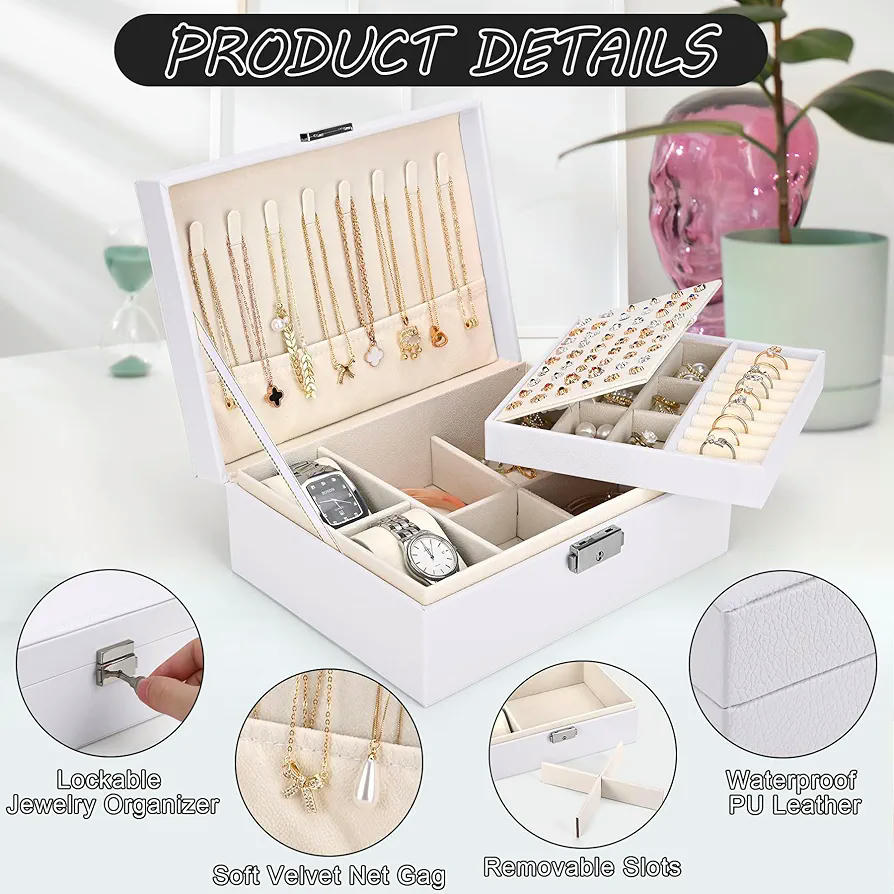 Joyero para Mujer, Caja Organizadora de 2 Capas con Almohadillas para Relojes, Cuero de PU, Joyero de Viaje para Aretes, Anillos, Collares y Pulseras, Color Azul