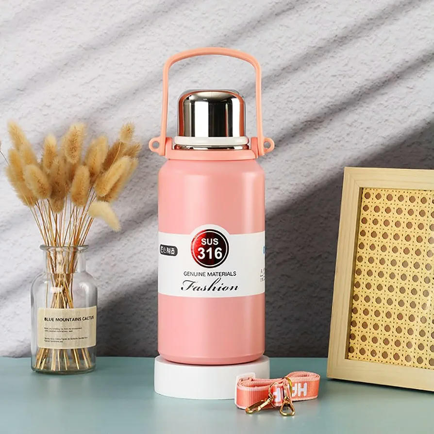 Botella de Acero Inoxidable 316, Cantimplora, Vaso, Taza Aislada al Vacío para Viajes y Actividades Exteriores, 1300 ml (Rosa) 1.3L