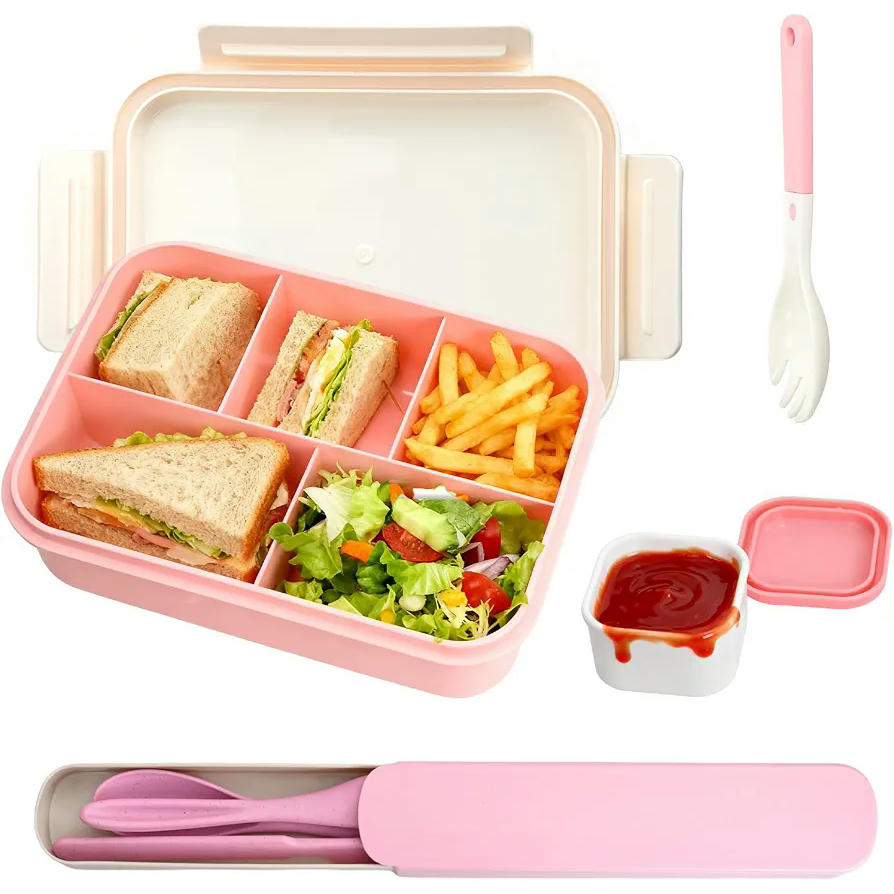 Fiambrera Bento Rosa con 4 Compartimentos 1000ml para Microondas y Lavavajillas