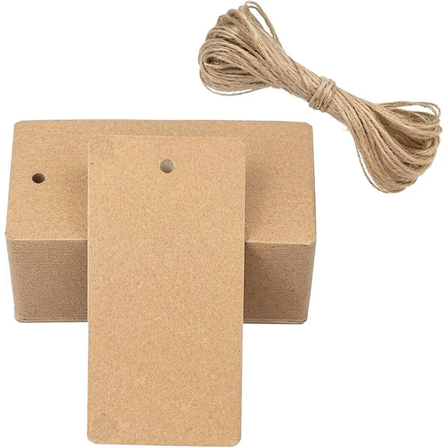 Paquete de 100 Etiquetas de Regalo de Papel Kraft con Cuerda de Yute, 5x3 cm, Para Decoración y Manualidades (Marrón)