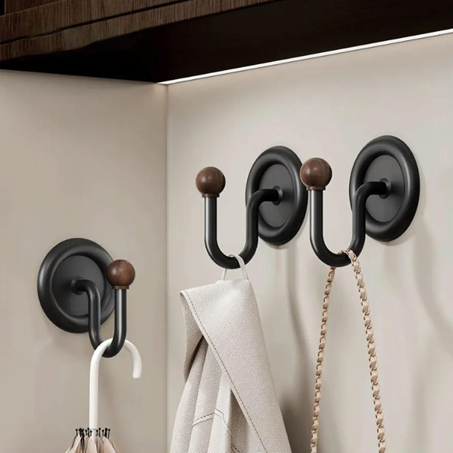 4 Ganchos Autoadhesivos Multifuncionales para Toallas y Abrigos - Diseño Redondo con Vetas de Madera