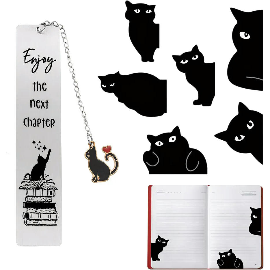 Marcapáginas magnéticos y de metal con diseño de gatos, 1 grande (Plateado) y 6 pequeños (Negro)