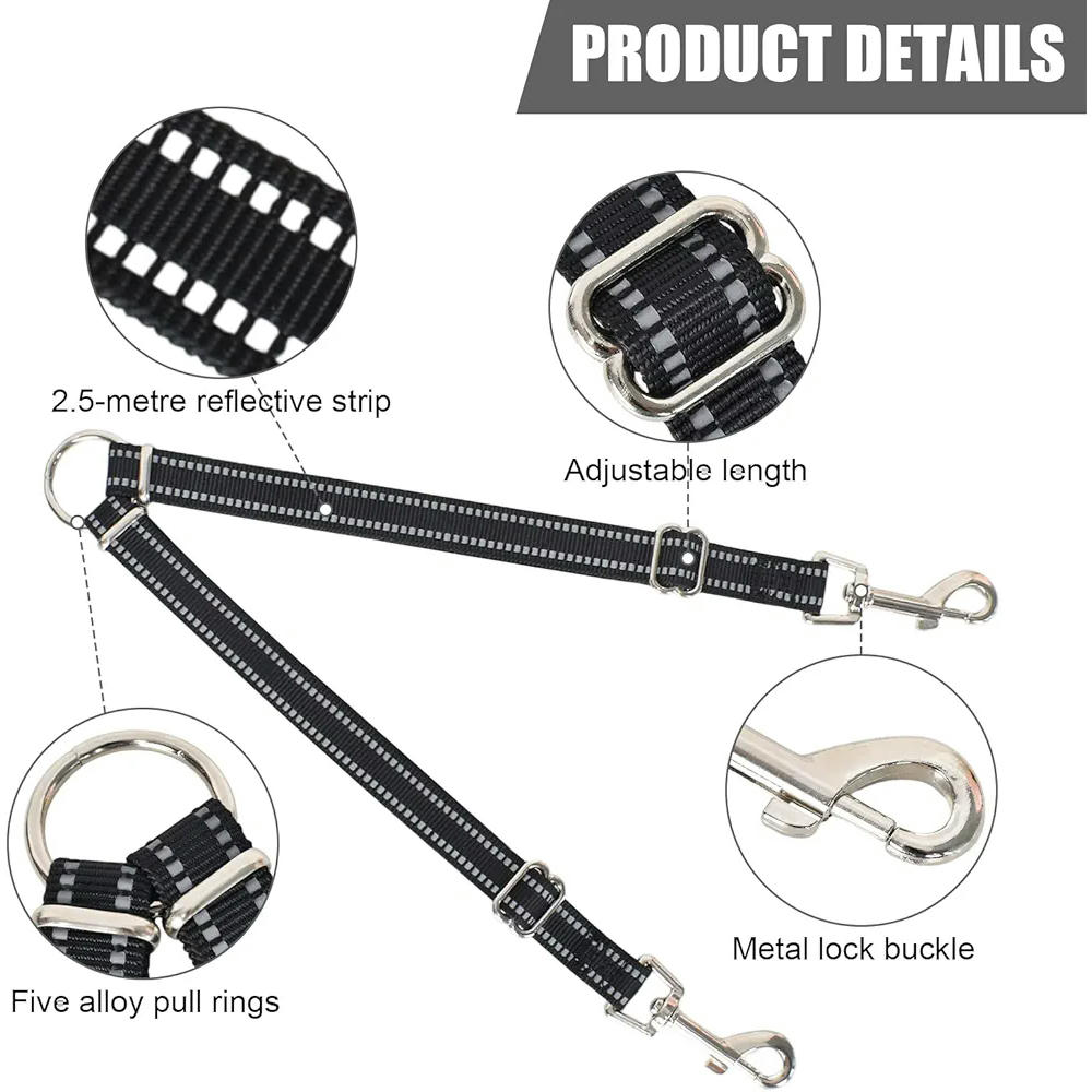 Correa Doble para Perros, Acoplador sin Enredo, Arnés Doble para Entrenamiento de Mascotas, Diámetro 2cm (Negro)