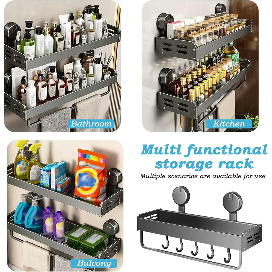 Estante de Ducha con Ventosa Sin Taladro, Organizador Multiusos para Baño y Cocina (Negro)