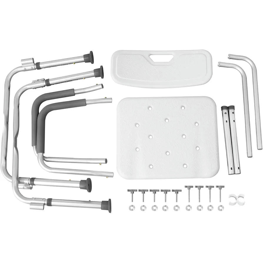 Silla de ducha regulable, 5 niveles de altura 37,5 - 50,5 cm, taburete antideslizante con respaldo y reposabrazos, asiento de aluminio y polietileno resistente