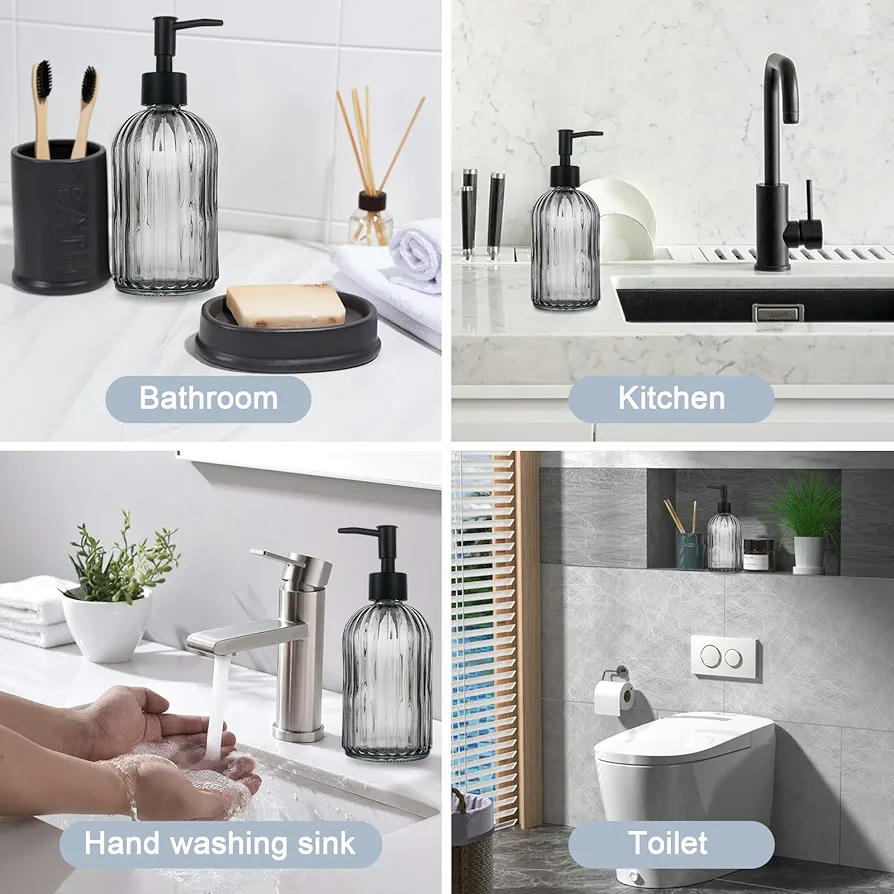 2 Piezas Dispensador de Jabón de Cristal Gris con Bomba de Plástico Negra, 400ml para Baños y Cocinas