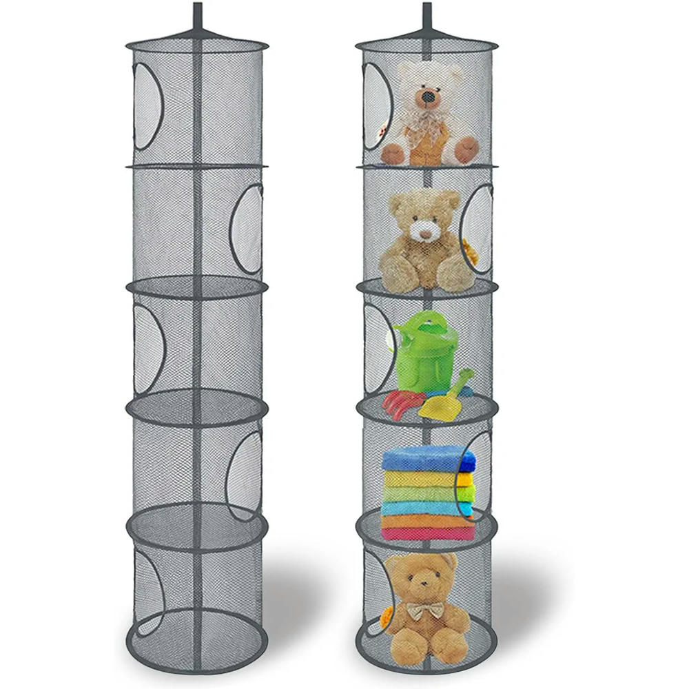 Bolsa de almacenamiento colgante gris, set de 2 piezas, con 4 compartimentos de malla, organizador de juguetes, ropa y accesorios, ideal para niños y espacios reducidos