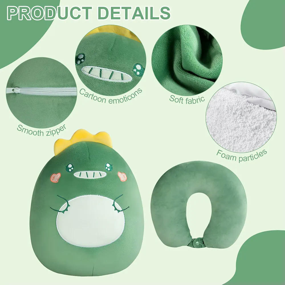 Almohada Ssuave Modelo U con Antifaz para Dormir, Almohada de Viaje para Niños y Niñas, Ideal para Avión y Coche, Diseño Dinosaurio (Verde)