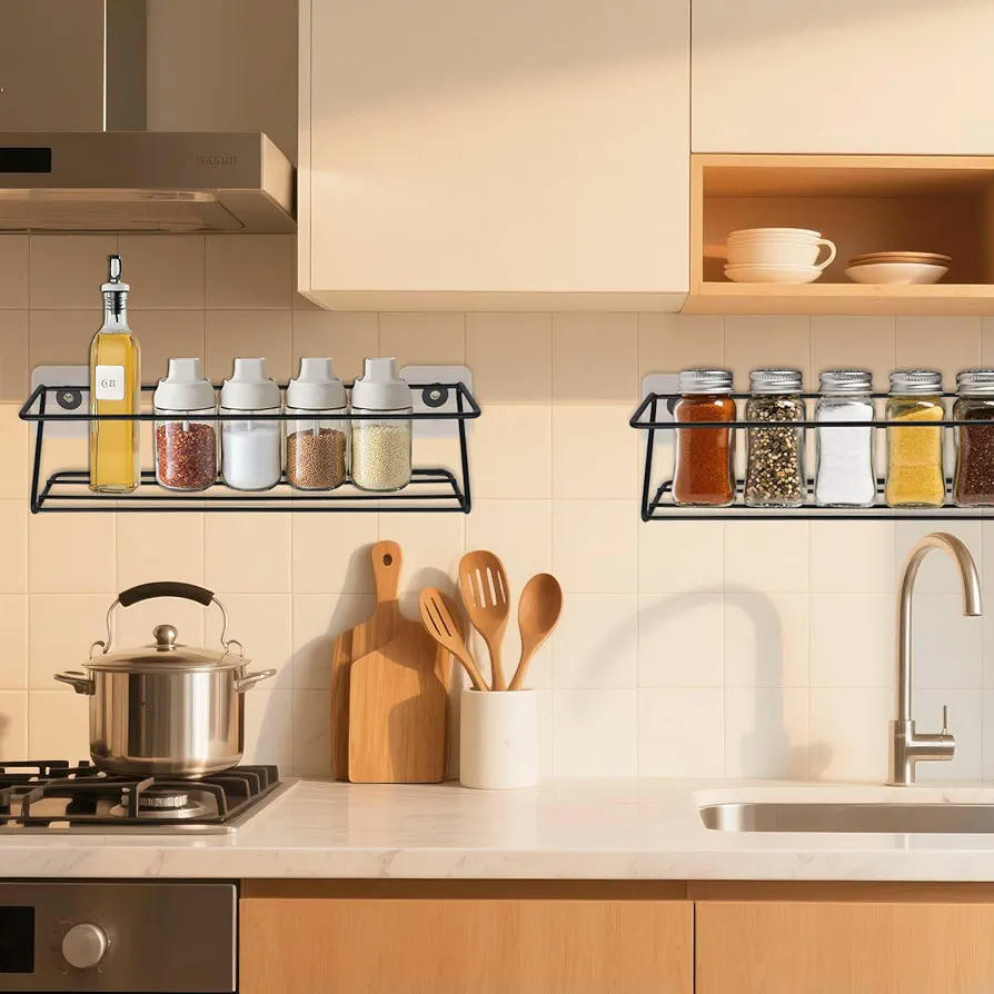 Especiero de Pared Metálico, Organizador de Especias para Cocina y Baño, Set de 4 Piezas, Instalación Sin Taladro, Almacenamiento Eficiente de Condimentos (Negro)