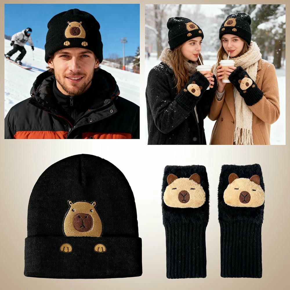Gorro de Punto Negro con Guantes para Climas Fríos con diseño de animal Capibara (Negro)