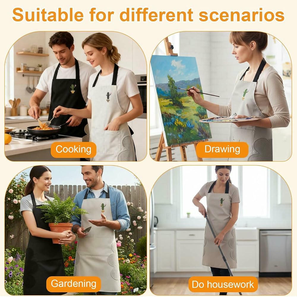 Paquete de 2 Delantales de Cocina para hombre y mujer, con diseño de cactus, impermeable y práctico (Negro y Gris)