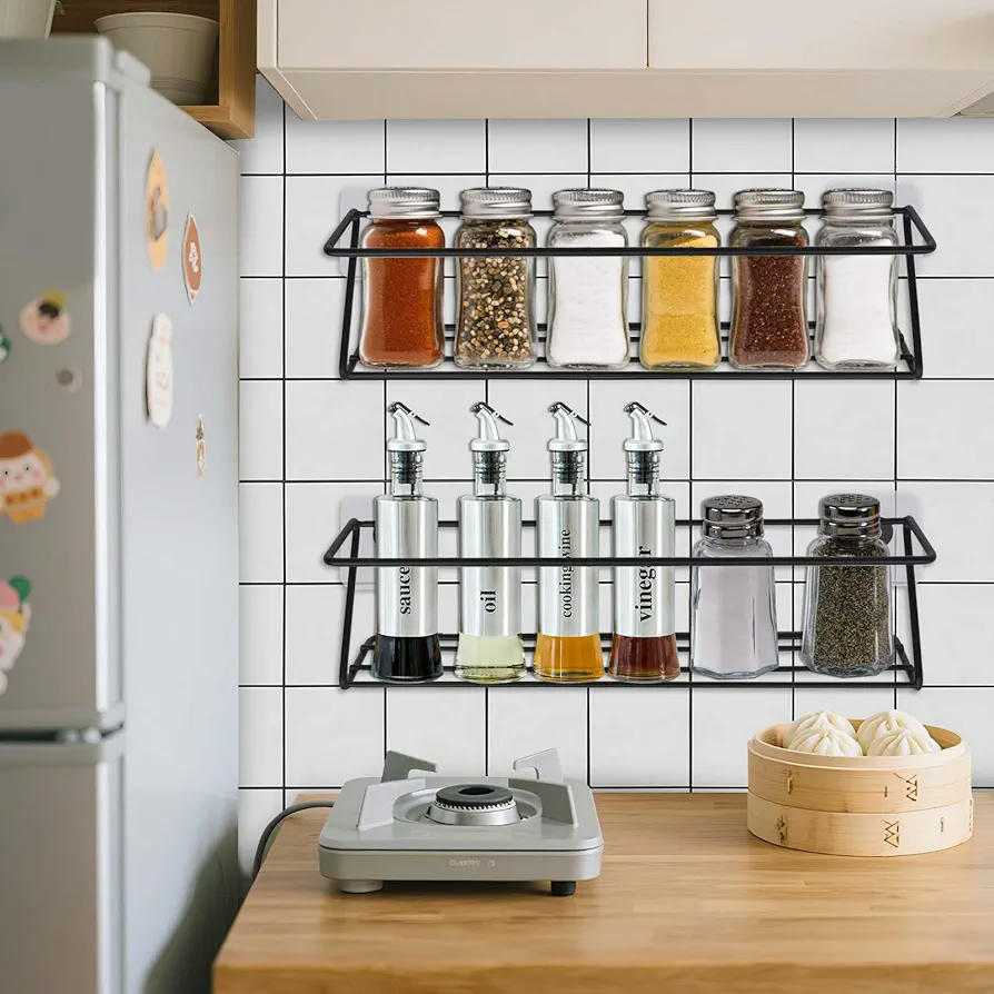 Especiero de Pared Metálico, Organizador de Especias para Cocina y Baño, Set de 4 Piezas, Instalación Sin Taladro, Almacenamiento Eficiente de Condimentos (Negro)