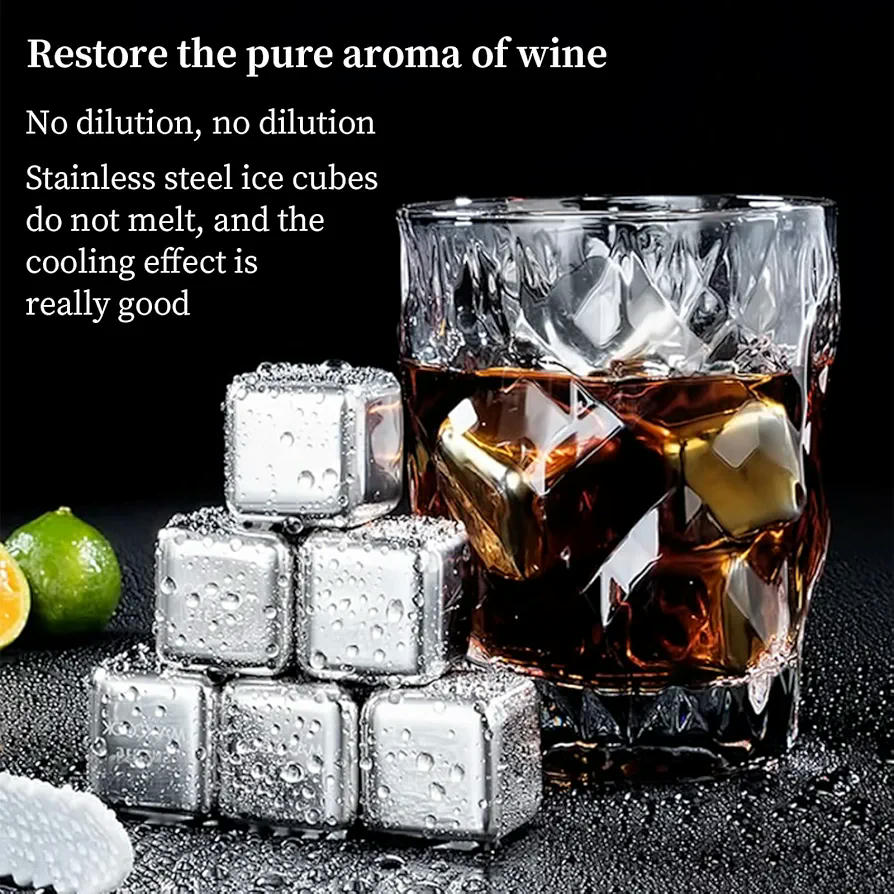 Cubitos de Hielo de Acero Inoxidable 8 Piezas, Cubitos Reutilizables, Con Pinzas y Caja de Almacenamiento, Ideal para Whisky, Cócteles y Bebidas
