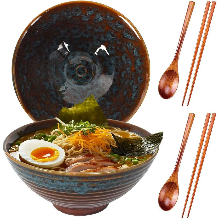 Set de 2 Tazones de Ramen de Cerámica de 1200ml con Palillos y Cuchara, Azul