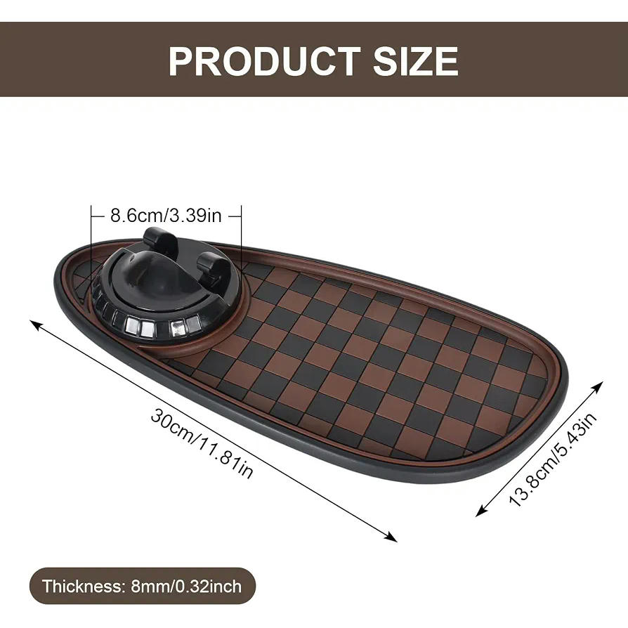 Alfombrilla Antideslizante para Coche con Soporte Móvil 360° Rotación y Almacenamiento, Marrón Negro