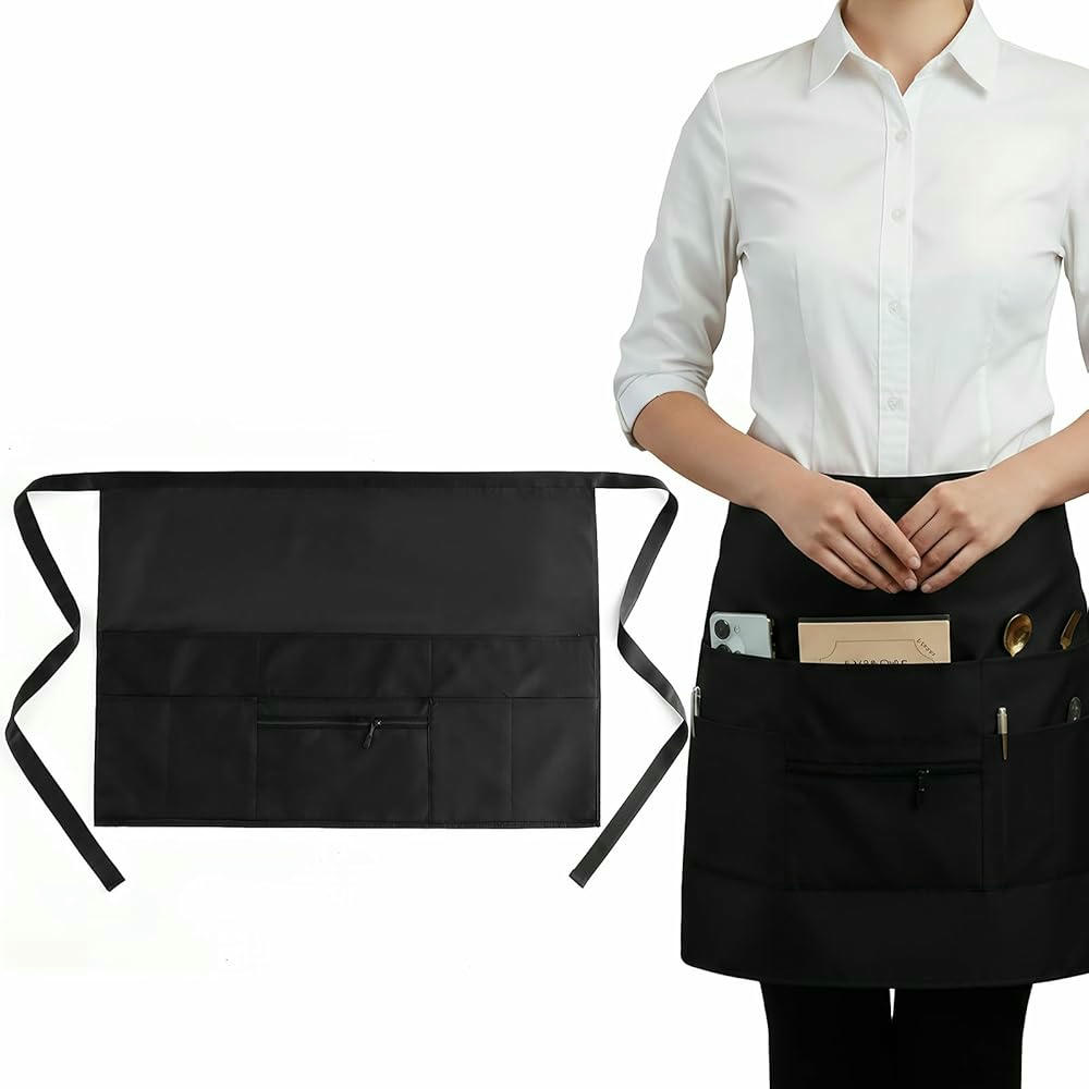 Delantal de Cocina Unisex con 8 Bolsillos - Corta Cintura, 71x50 cm, Color Negro