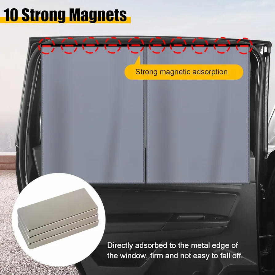 Sombrilla para coche, 2 piezas cortinas laterales 50 x 48 cm y 2 piezas cortinas traseras 69 x 47 cm, parasol magnético desmontable para vehículo