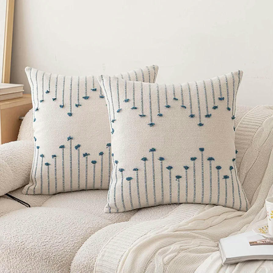 Juego de 2 Fundas de Almohada Decorativas Bordadas 45 x 45 cm en Blanco y Azul