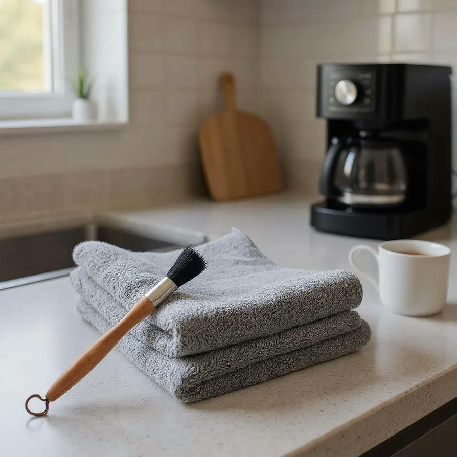 Set de Limpieza para Cafeteras con Brocha de Madera y 2 Paños de Microfibra (Gris)
