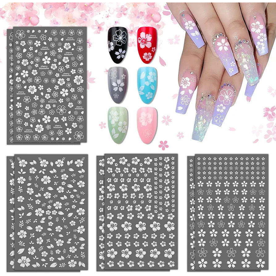 Pegatinas de Flores de Cerezo Blancas 3D, 8 Hojas Autoadhesivas para Uñas, Calcomanías Decorativas para Nail Art, Ideal para Uñas Acrílicas y Postizas (color blanco)