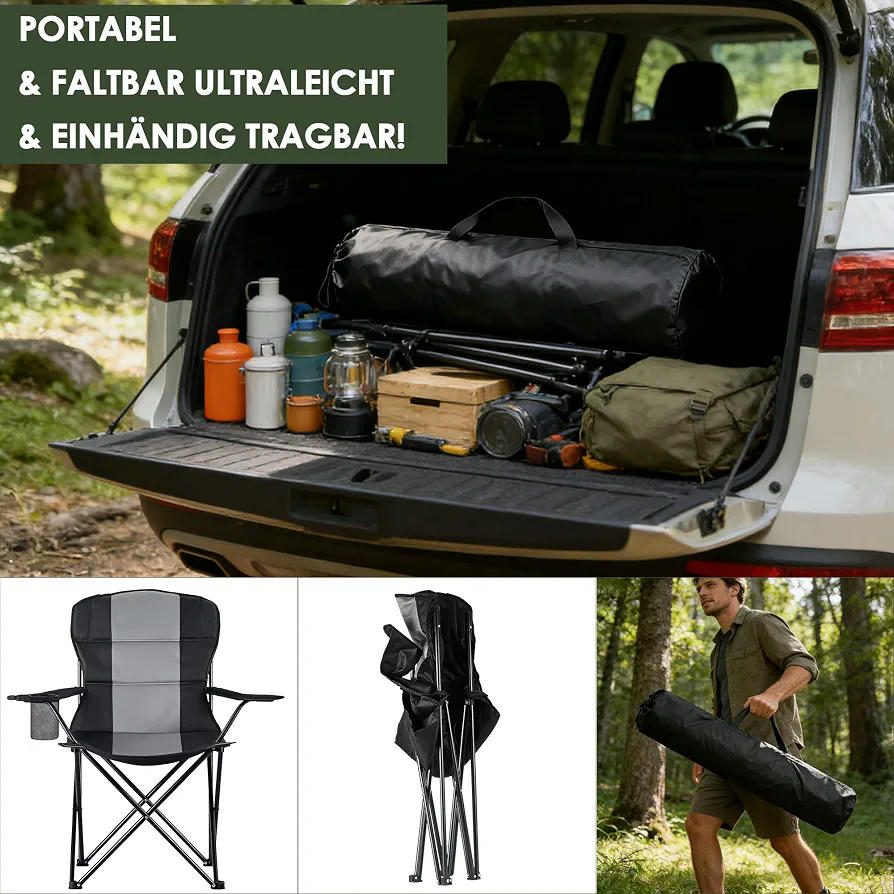 Silla de camping plegable de gran tamaño con soporte para bebidas, 150 kg, 58 x 85 x 94 cm