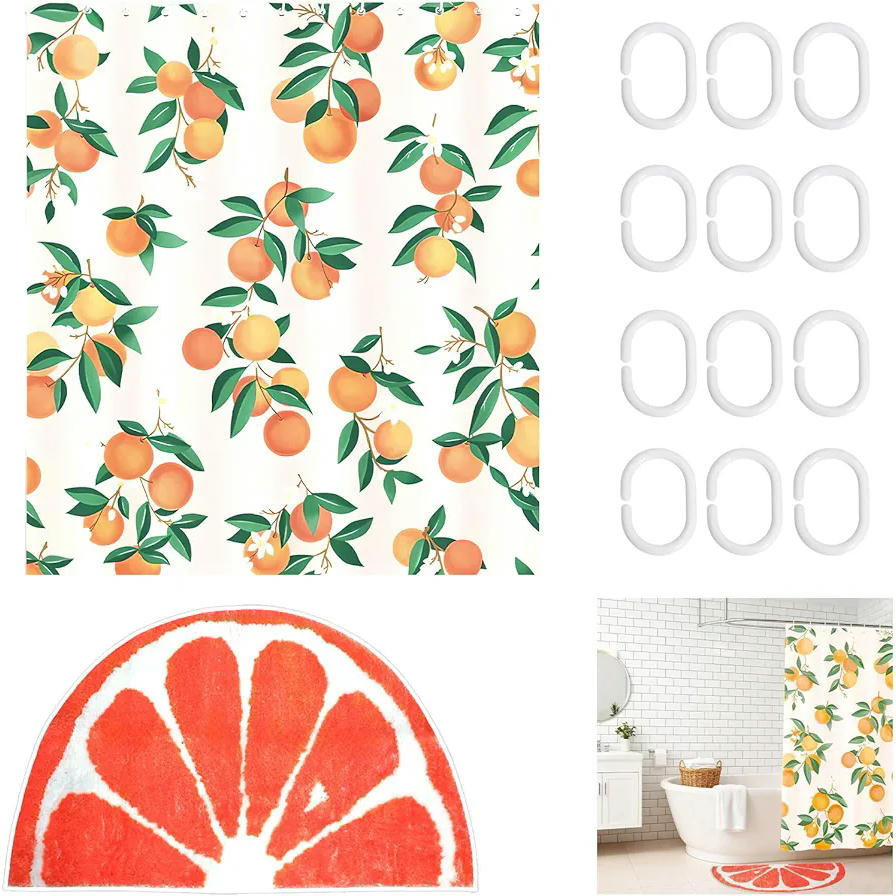 Bathroom Set with Shower Curtain (180 x 180 cm) and Non-Slip Mat (50 x 80 cm) in Orange Citrus Design