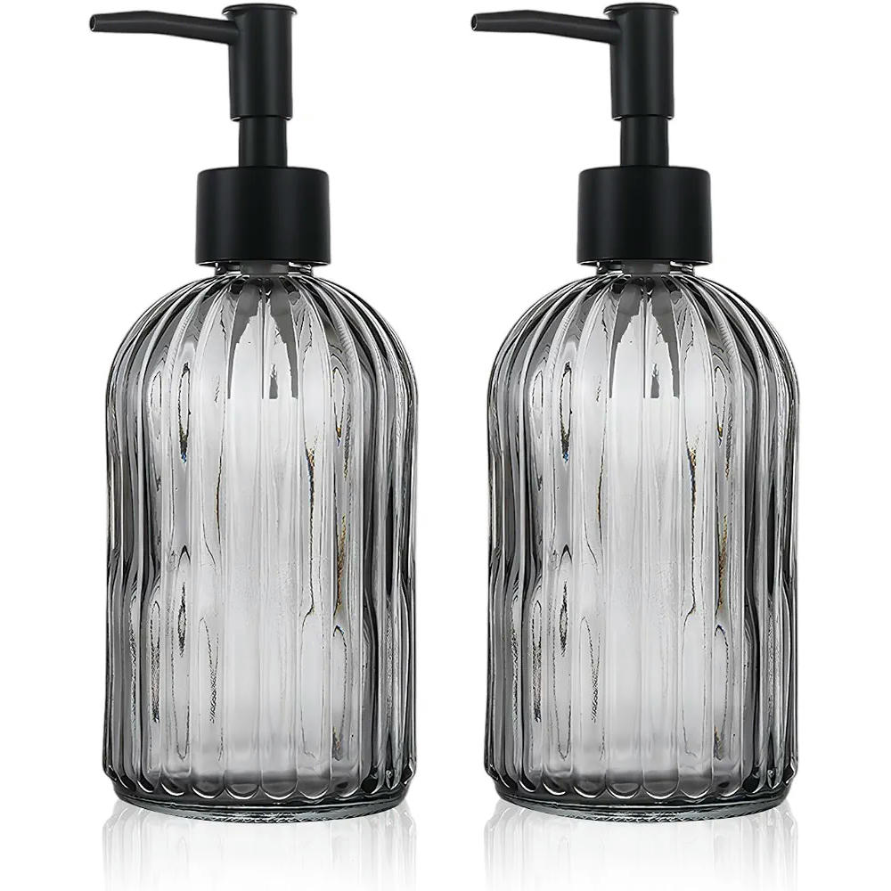 2 Piezas Dispensador de Jabón de Cristal Gris con Bomba de Plástico Negra, 400ml para Baños y Cocinas