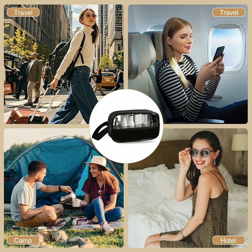 Necessari de Benestar Transparent, Organitzador de Viatge per a Dona i Home, Bossa de Cosmètics Impermeable, Emmagatzematge Pràctic en Color Negre
