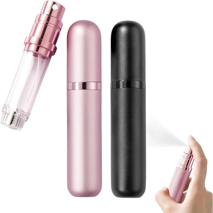 Paquete de 2 Atomizadores de Perfume Recargables 5ML, Botellas Mini Portátil en Aluminio y Vidrio, Ideal para Viajes (Rosa y Negro)