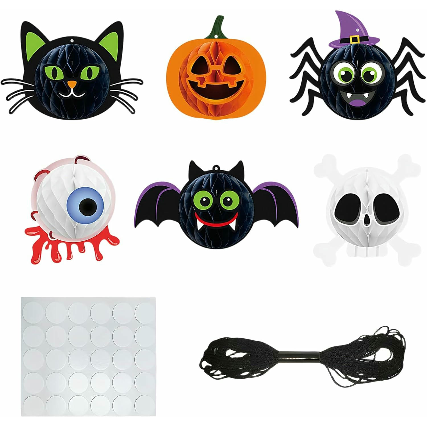 Adornos de Panal de Halloween, Decoraciones Colgantes de Papel, Set de 6 Piezas con Calabazas, Murciélagos y Arañas para Fiestas y Decoraciones