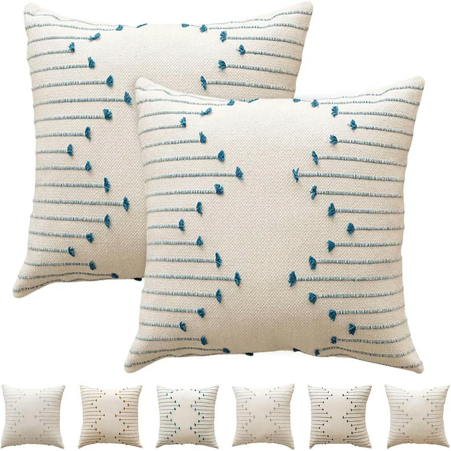 Set of 2 Decorative Embroidered Pillowcases 45 x 45 cm in White and Blue