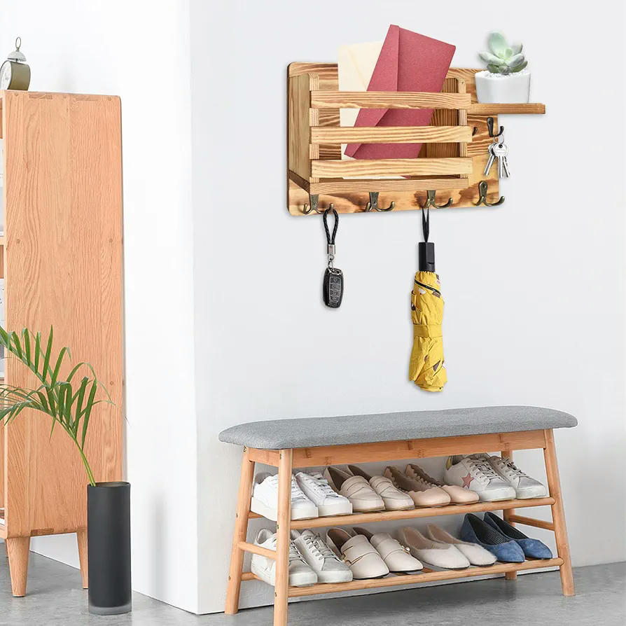 Organizador de Llaves y Correo de Madera Natural con 4 Ganchos Dobles, Estante Pared para Entrada, Diseño Rústico, Compatible con Decoración de Hogar