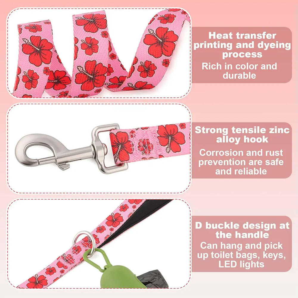 Set de collar ajustable y correa para perros pequeños y medianos, 1,5 m de largo con asa acolchada, paseos y entrenamiento, motivos de flores rojas con fondo rosa