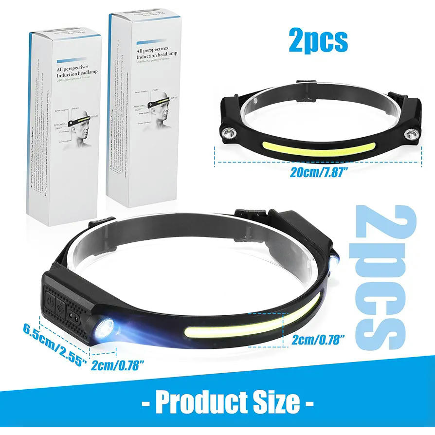 Linterna frontal LED recargable, 2 linternas superbrillantes con sensor de movimiento, 5 modos de iluminación, diadema impermeable, ideal para camping, correr, pesca y ciclismo