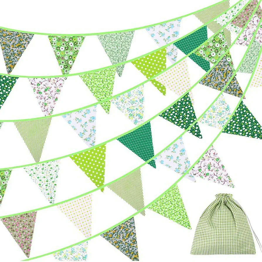 42 Banderines Decorativos Triangulares de Tela de 12M para Fiesta y Celebraciones, con Bolsa de Tela de 20 x 19 cm (Verde)