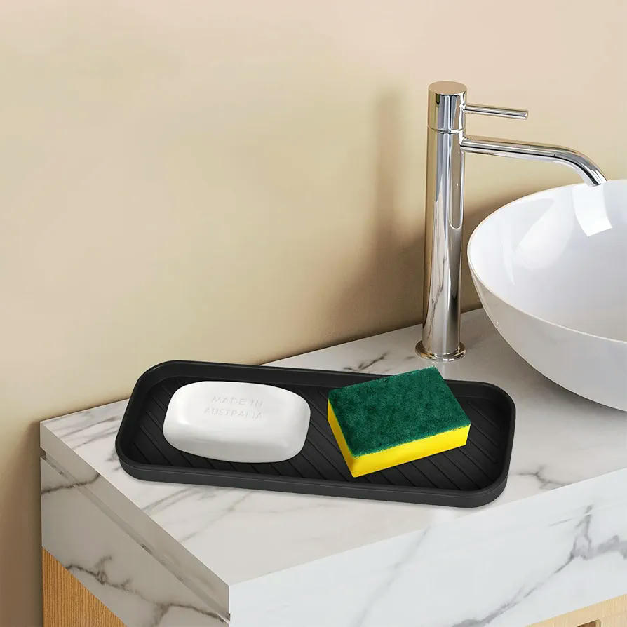 Organizador de Fregadero de Silicona Antideslizante, Soporte para Esponjas y Utensilios de Cocina (23x9cm) Negro y Gris