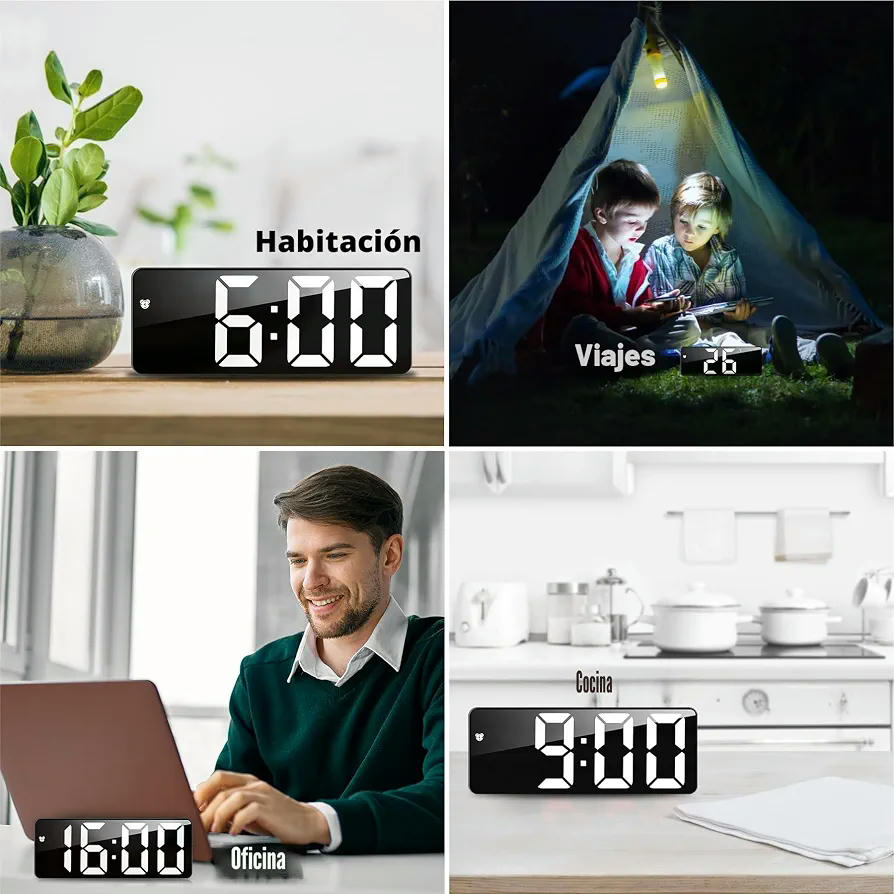 Reloj Despertador Digital con Pantalla LED Grande y Función de Alarma Activada por Sonido (Negro)