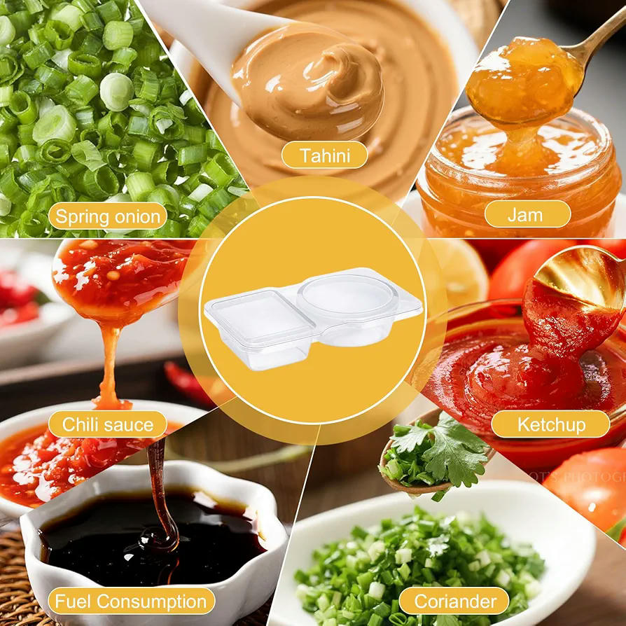 Vasos de plástico para salsa, pack de 30 unidades, doble compartimento de 130 ml, recipientes reutilizables para salsas, sopas y cremas (transparente)