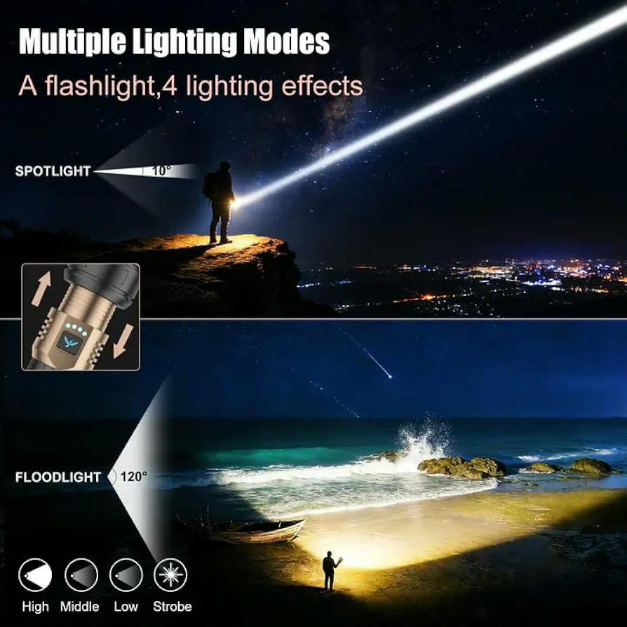 Linterna LED Recargable de Alta Potencia 900000 Lúmenes con Lente de Encendido y 4 Modos de Iluminación