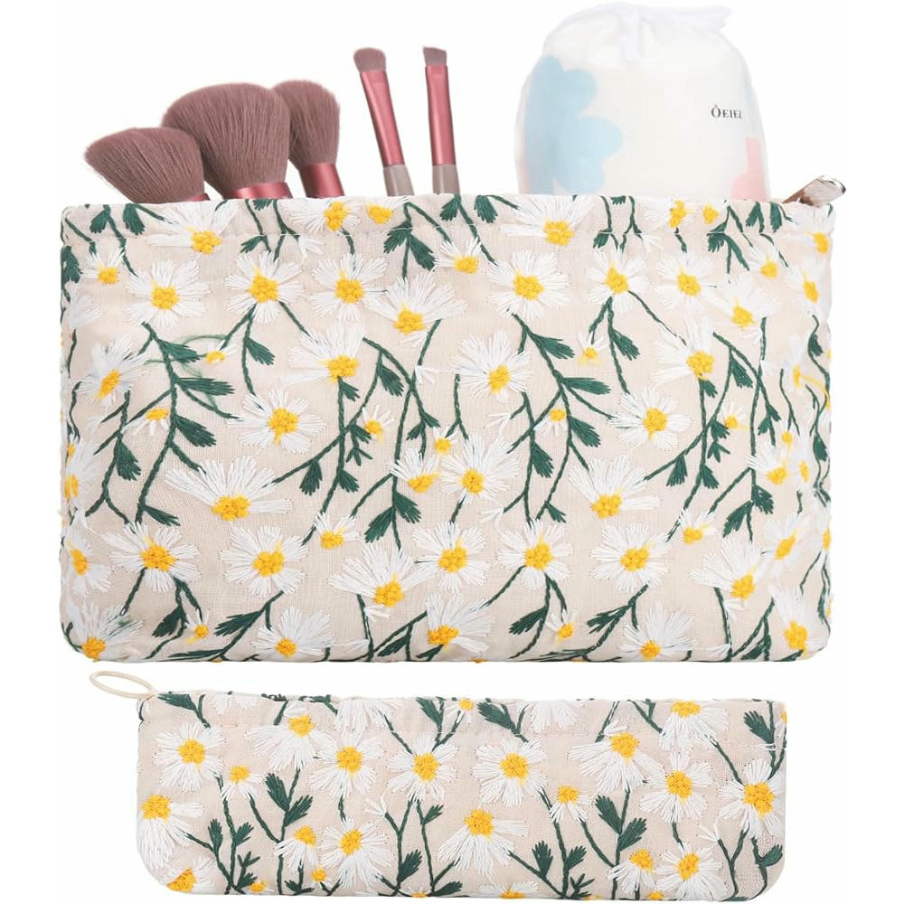Neceser de Maquillaje Portátil - 2 Piezas, Organizador Multifuncional para Cosméticos (Color Beige con motivos florales)