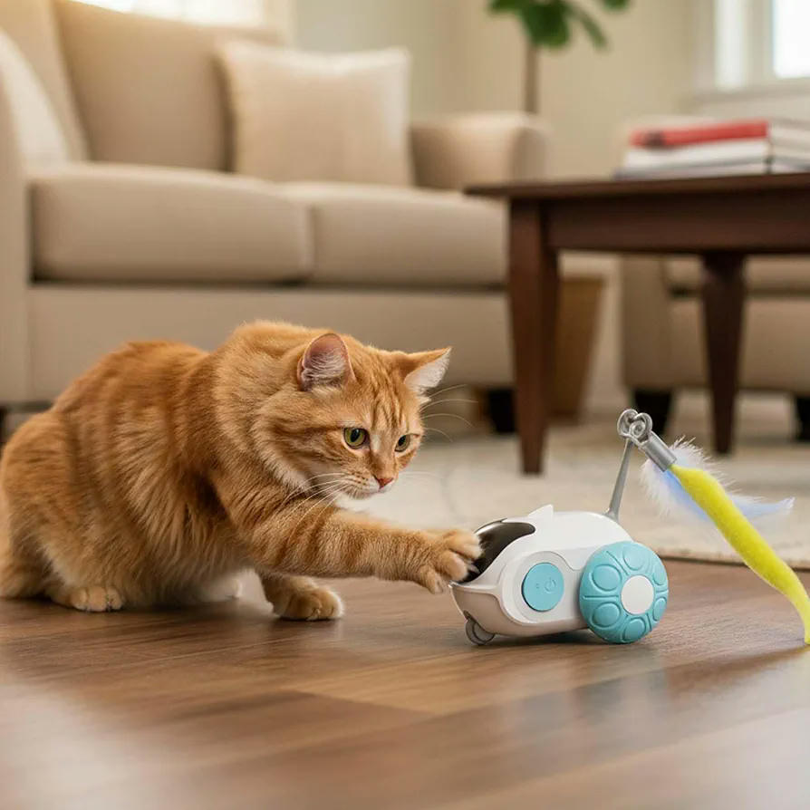 Juguete Interactivo para Gatos con Mando Control Remoto y Modo Automático, Carga Tipo C, Azul