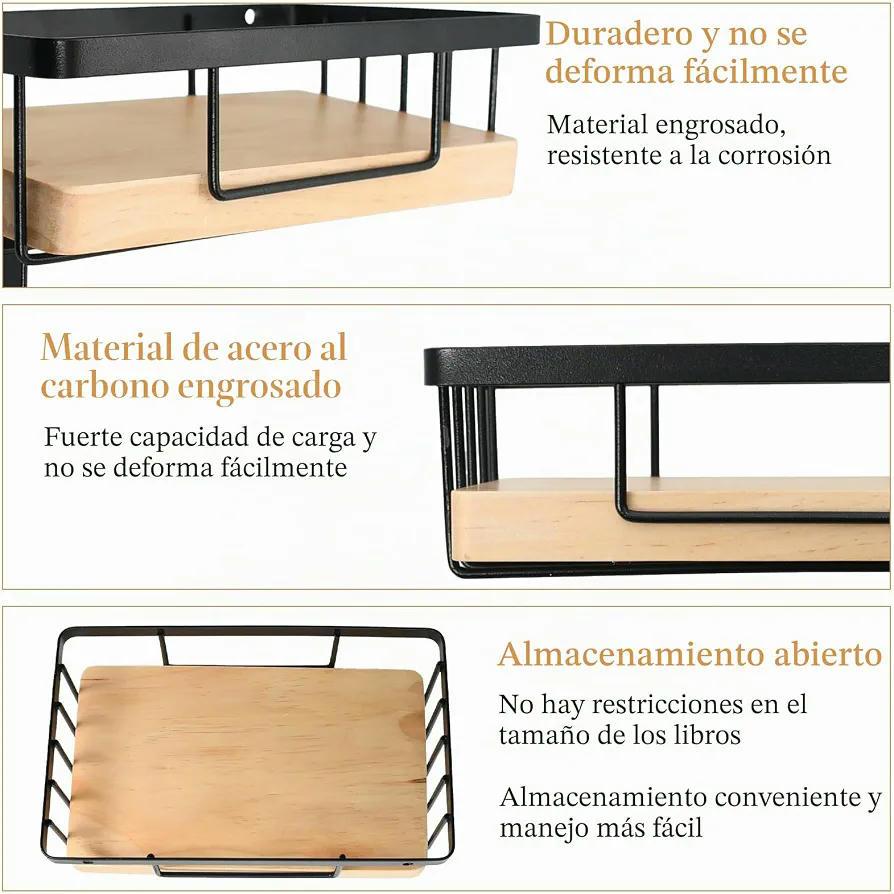 Portarrollos de papel higiénico con estante de madera y metal, montaje en pared sin taladrar (Negro)