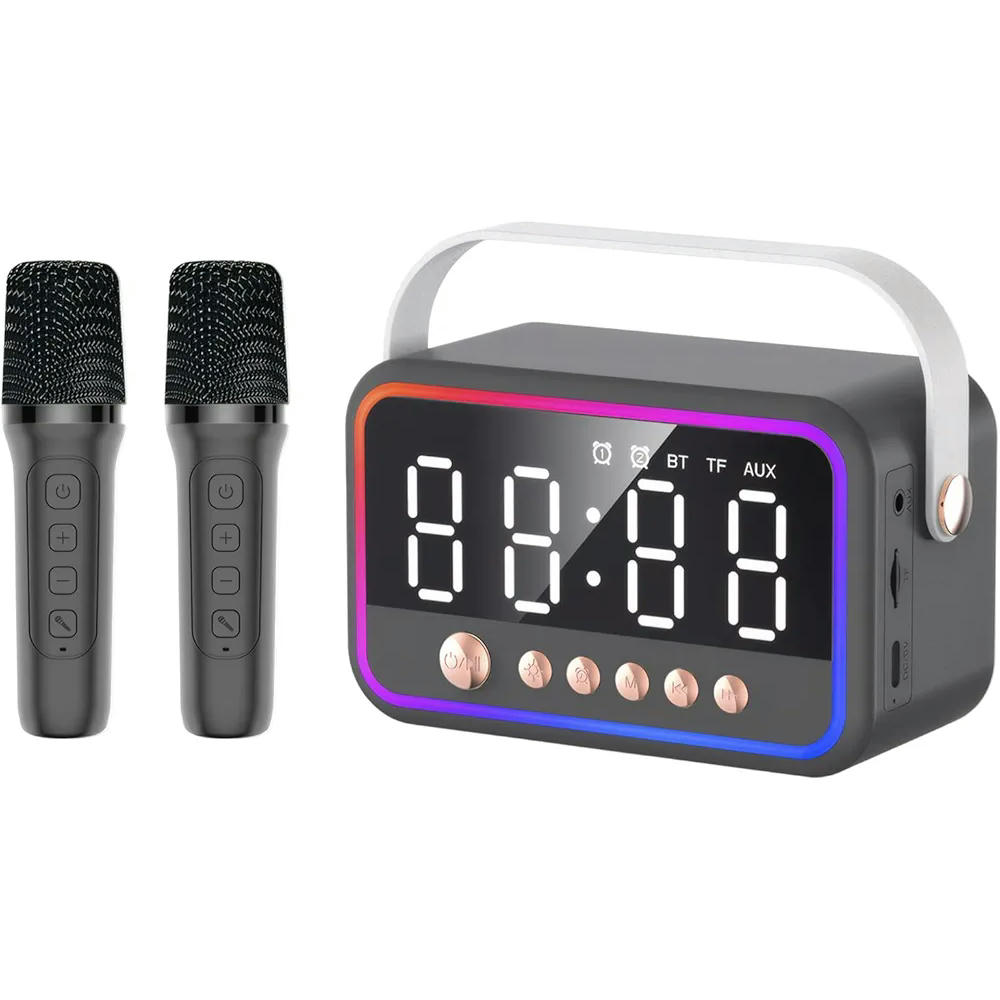 Máquina de karaoke portátil con 2 micrófonos, altavoz Bluetooth multifuncional con luz RGB y doble alarma, sonido estéreo 360° (Negro)
