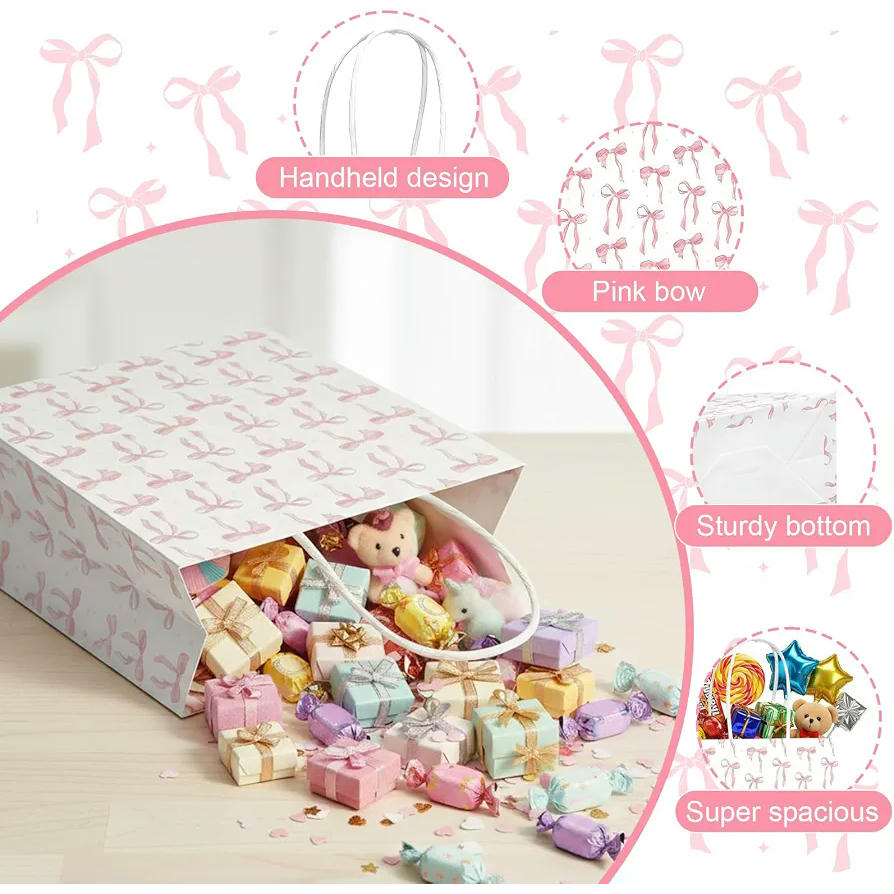 10 bolsas de papel de regalo con lazo rosa, 15 x 21 x 8 cm, reutilizables con asa para fiestas y ocasiones especiales