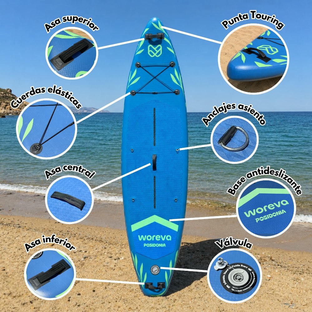 WOREVA POSIDONIA - Kit Paddle Surf Inflable 335cm | Tabla SUP Touring, Estable 3 quillas, Portable 3 asas, Ancho 84cm (hasta 160kg) | Pack con remo, inflador, mochila y más