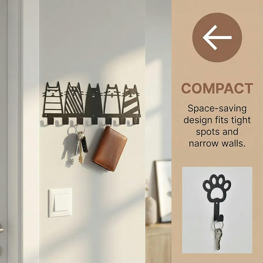 Colgador de Llaves de Pared Multifuncional Negro con 7 Ganchos para Organizar y Decorar (Negro)