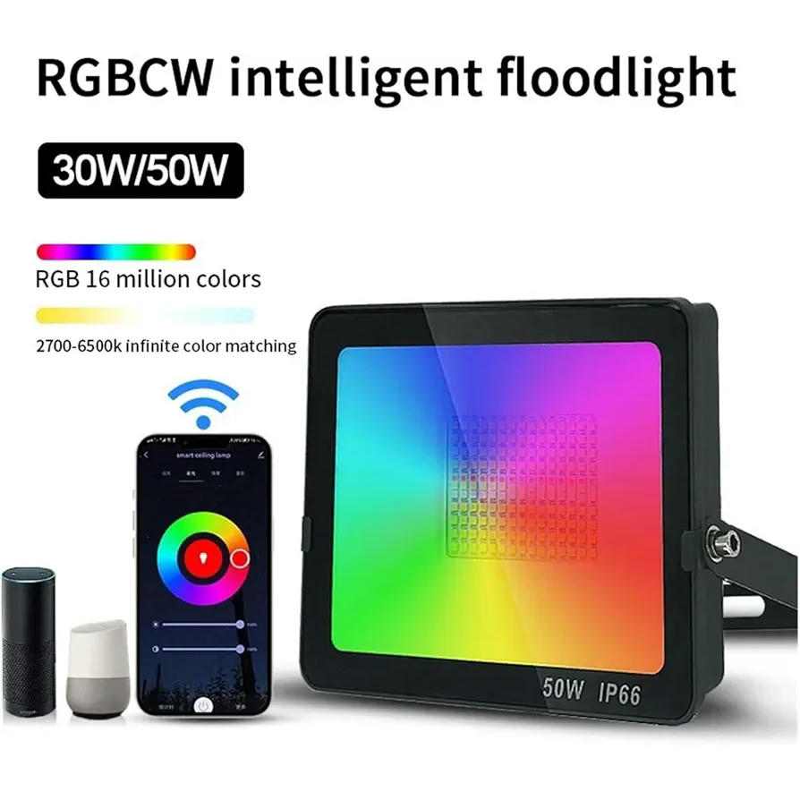Foco LED Exterior RGB 50W, Control por APP WiFi y Bluetooth, Proyector LED Impermeable IP66, Iluminación para Jardín, Garaje, Patio